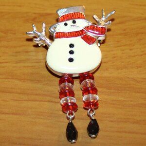 Vintage Enamel Snowman Pin Beaded Legs Red White Brooch Winter 2.5 Inch